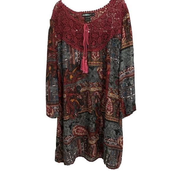 URBAN MANGOS boho dress, semi sheer, crocheted bib, drawstring, multicolored, - Picture 1 of 6